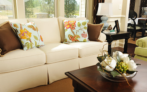 senior apartment living room sofa with pillows